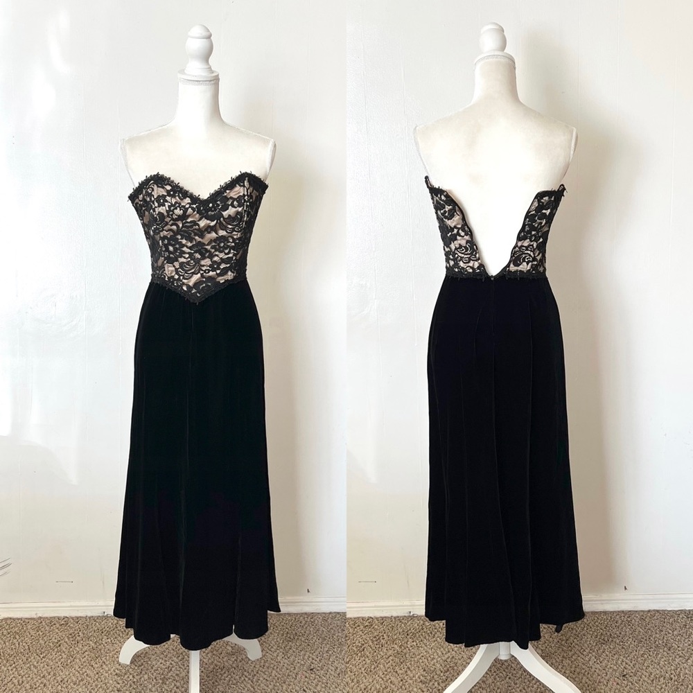 Vintage 1980s Jessica McClintock Lace Overlay Sweetheart Strapless Midi …